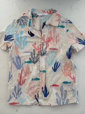 Marks & Spencer Cream Button-Down Shirt with Blue, Pink & Teal Sea Life Print
